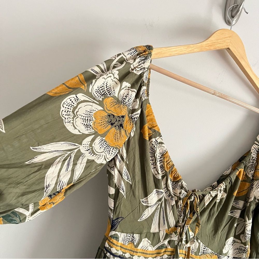 Angie Boho Floral Maxi Dress Olive Green Puff Sleeve Cottagecore Size Large - Picture 4 of 11